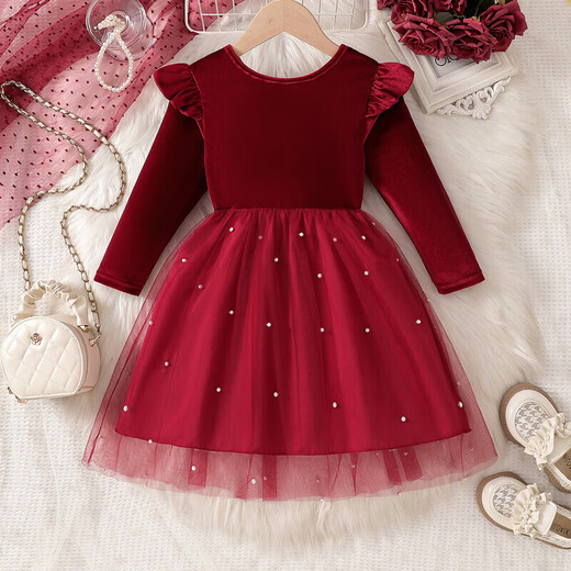 Girls Dresses Autumn and Winter 2025 Autumn Clothes New Children's Clothes Autumn Skirts Children's Sequined Autumn Skirts Princess Skirts Fashionable Red 100 cm 3-4