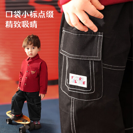 LUSON baby boy baby velvet pants winter 2026 new red baby New Year pure cotton overalls