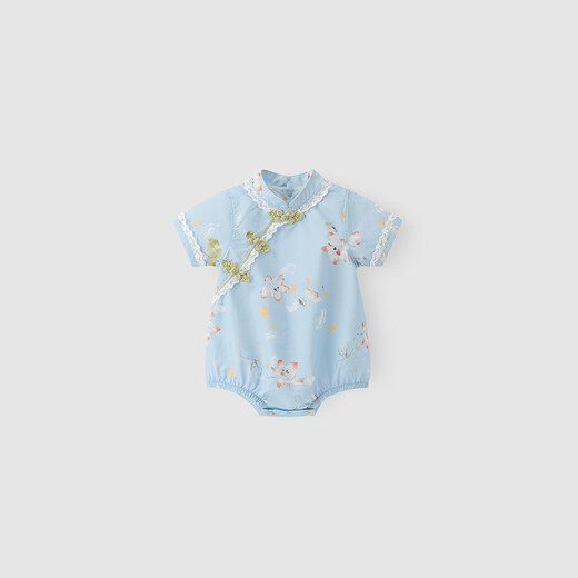 Wooden cotton baby short-sleeved one-piece bodysuit summer thin Tencel baby girl Chinese button triangle harem one-year-old dress sky blue/wooden hibiscus 100cm
