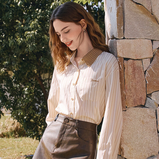 Betu women's 2026 spring new shirt contrasting color knitted collar textured striped high-end top for women 2601T23 apricot S