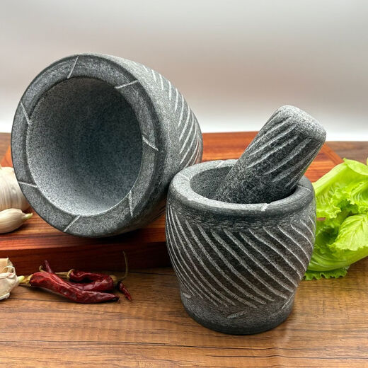 Garlic masher, stone mortar, garlic mortar, traditional Chinese medicine grinder, bluestone garlic press, garlic mortar, pepper pounding bowl, small bowl-shaped carving with lid (for 13 people)
