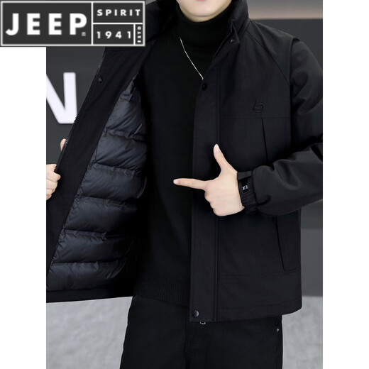 JEEP SPIRIT lightweight down jacket men's winter casual stand-up collar warm jacket embroidered cold weather jacket black M