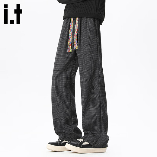 CHOCOOLATE it American retro plaid casual pants men's autumn and winter loose straight straight drape wide leg trousers black M recommended 90Jin Jin equals 0.5kg -110Jin Jin equals 0.5kg