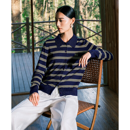 Daimashi Shopping Mall's same style 2026 spring new classic striped comfortable blended wool knitted cardigan for women, navy blue L