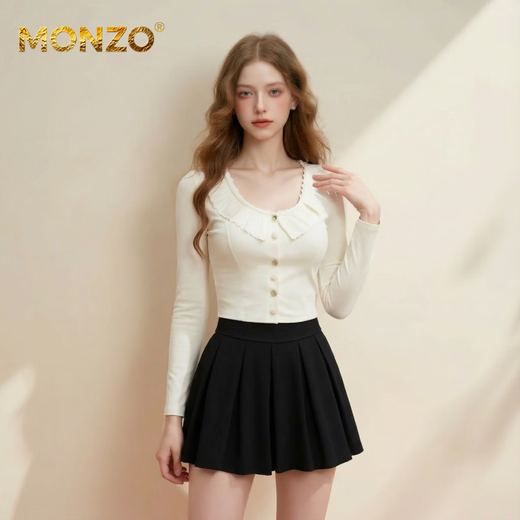 MONZO international high-end brand original design sweet style white long-sleeved fungus-edged sweater for women with buttons, slim and versatile, white S