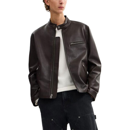 COACH FW25 Stand Collar Button Zipper Long Sleeve Leather Jacket Men's Black S