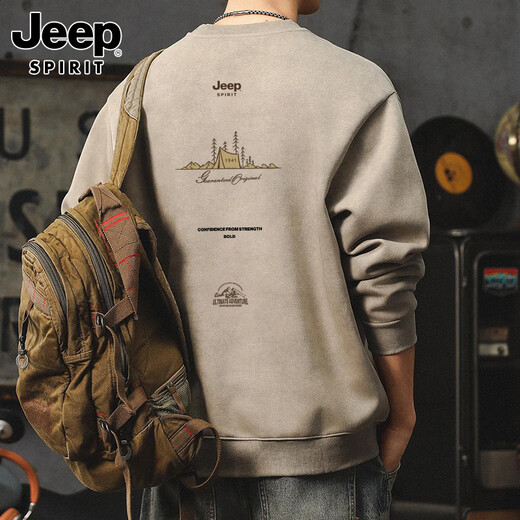JEEP SPIRIT Jeep heavy sweatshirt men's autumn and winter American retro long-sleeved T-shirt round neck bottoming shirt men's Khaki XL
