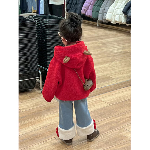 HAL.DUCK girls autumn and winter velvet sweatshirt 2026 new children's red hooded jacket boy baby fashionable jeans suit red sweatshirt sweatshirt velvet 130 cm