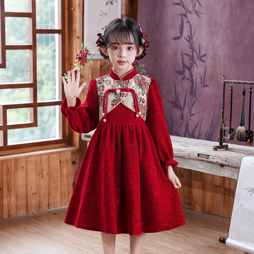 Girls' cheongsam autumn and winter velvet dress children's new Chinese style Tang suit girl red skirt red 150