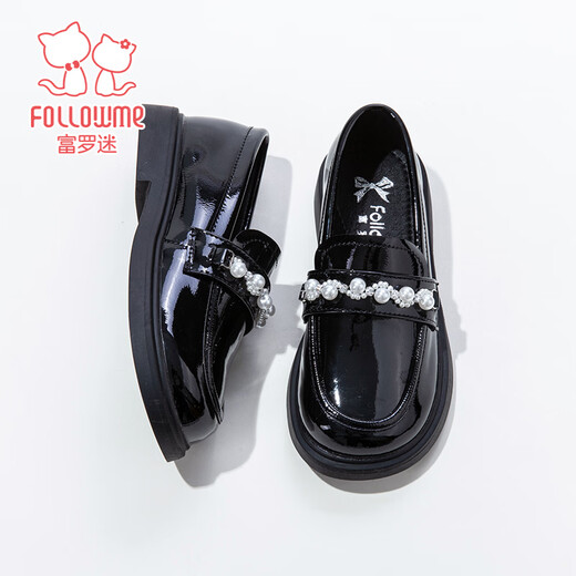 Fuluo Mi Girls Leather Shoes Spring Campus Style Versatile Loafers Little Girls Soft Sole Light Fashion Shoes Shadow Black 32
