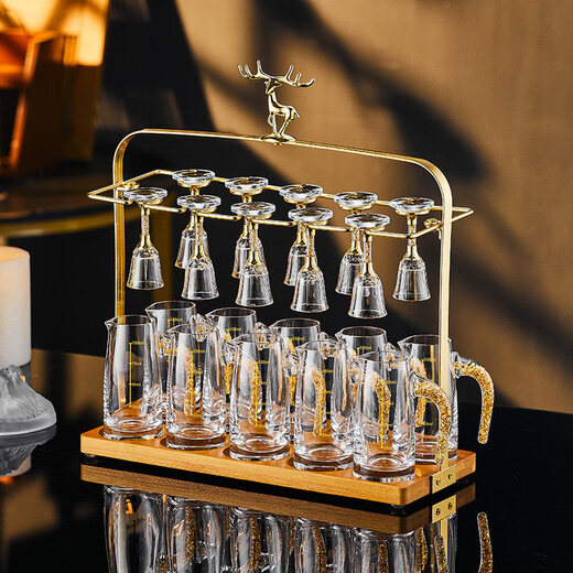 Jingyan gold foil high-end liquor cup set, household high-end two-two-point wine vessel, light luxury high-end wineware, bullet cup, one-cup cup, transparent style, small tall cup/10 pots, 10 cups + golden deer cup