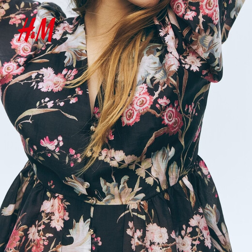 H&M2026 Spring New Women's Linen Blended Skirt Hem Top 1321285 Black/Floral XS 155/80