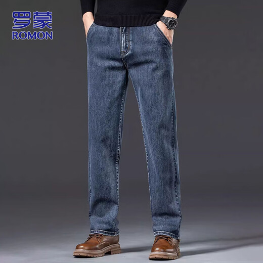 ROMON high-end jeans men's autumn and winter trendy straight pants men's loose casual men's trousers elegant gray blue 32