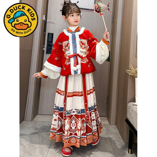 G.duck Parent-Child Clothing Han Dynasty Autumn and Winter Clothing Girls and Older Children Wool Lined New Year Clothes 2026 New Ethnic Style Suit Tops and Skirts 100 cm
