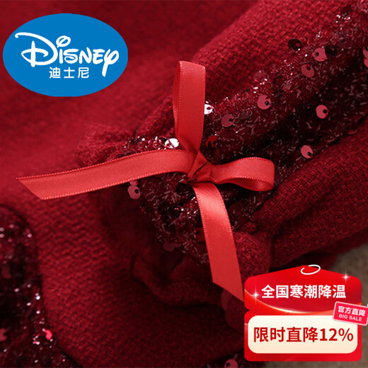 Disney Girls' Velvet Dress Autumn and Winter Baby Red New Year's Eve Clothes Children Little Girls Sequined Princess Dress Burgundy 100 cm