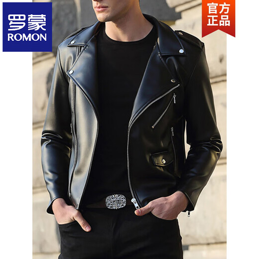罗蒙（ROMON）修身皮衣男韩版帅气2025新款青年潮流翻领外套加绒加厚机车皮夹克 黑色 M