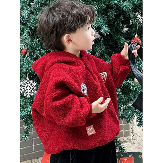 HAL.DUCK boys' sweatshirt winter 2026 new Christmas red children's festive Korean version versatile warm wool sweater New Year's greetings red wool sweater height +10 shots plus velvet 130 cm height +10 shots