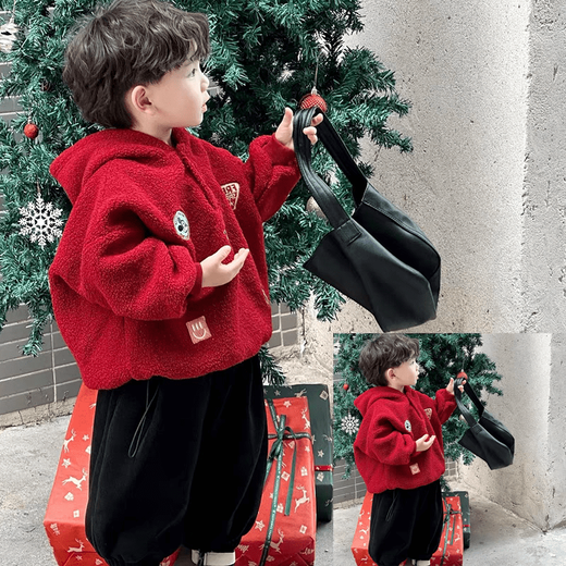 HAL.DUCK boys' sweatshirt winter 2026 new Christmas red children's festive Korean version versatile warm wool sweater New Year's greetings red wool sweater height +10 shots plus velvet 130 cm height +10 shots