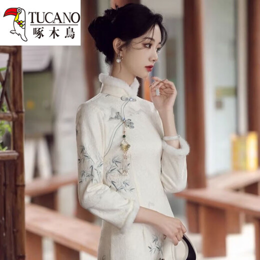 Woodpecker (TUCANO) new Chinese-style improved cheongsam new dress women's long-sleeved winter plus velvet winter long temperament women's autumn and winter style picture color S
