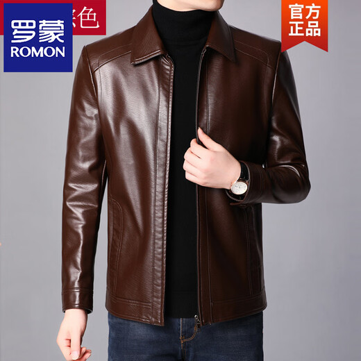 ROMON autumn and winter Haining leather jacket men's loose lapel plus velvet thickened sheepskin leather jacket men's leather jacket dad wear lapel brown XL 180 150-160Jin Jin equals 0.5 kg