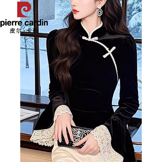 Pierre Cardin New Chinese Style National Style Velvet Shirt Women 2025 New Retro Black Button Bottoming Shirt with Cheongsam Autumn and Winter Clothes Black L 105-115Jin Jin is equal to 0.5 kg