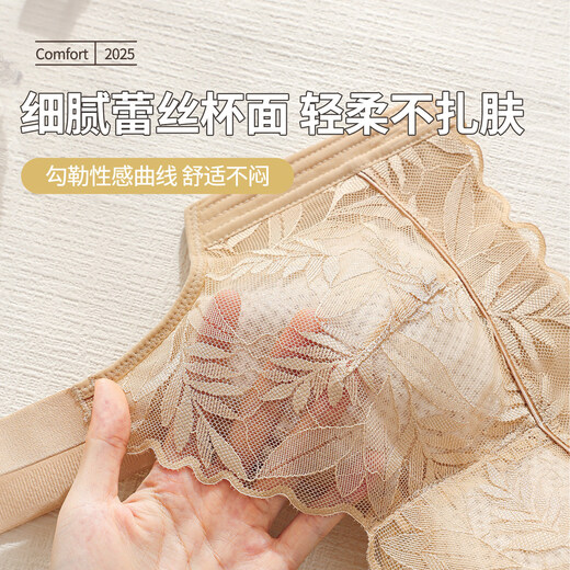 LangSha thin full-cup bra for women with large breasts, narrowing the secondary breasts, preventing sagging, holding up, comfortable lace red bra, champagne color 75B 34/75BC, full cup