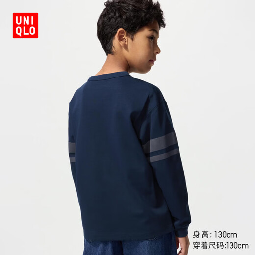 Uniqlo children's clothing boys and girls AIRism cotton blended round neck T-shirt long sleeve 482986 69 navy 130