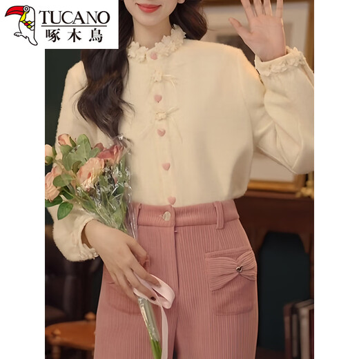 Woodpecker Fashionable and Sweet Korean Single-breasted Shirt Women's 2025 Winter New Niche Western Fashion Versatile Commuting Top Beige M (Recommended Jin Jin equal to 0.5 kg or less)