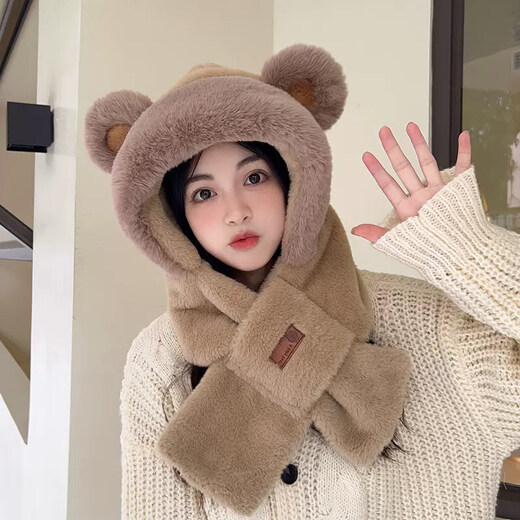 Viney scarf for women winter 2025 new plush cute bear hat one-piece gloves hooded neck scarf to keep warm camel Camel birthday gift for girlfriend wife Valentine's Day girlfriend 3.8 Goddess Day women one size