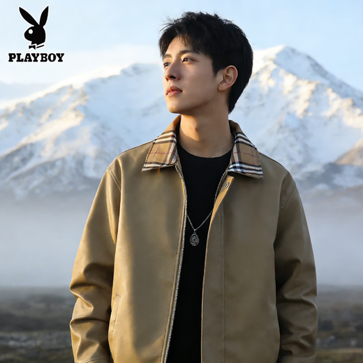 花花公子（PLAYBOY）翻领皮衣夹克外套男士春秋青年潮牌港风休闲皮衣格子撞色痞帅上衣 黑色 XL