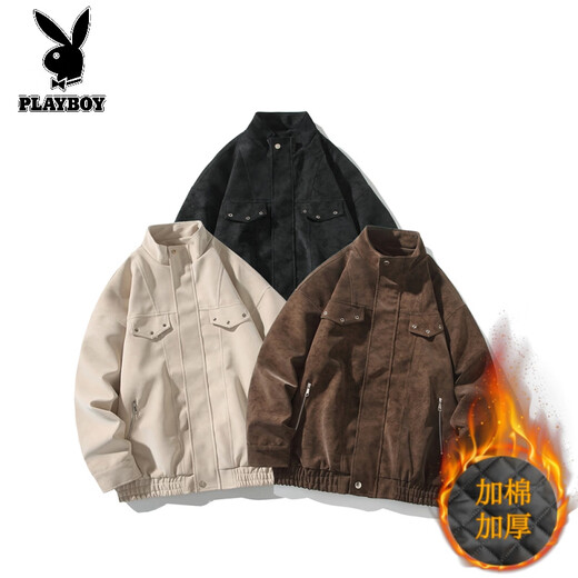 Playboy (PLAYBOY) Retro Leather Jacket Men's Spring, Autumn and Winter New High-end Handsome Jacket Men's Cotton Thickened Warm Top Men 89K1 Beige White Cotton Thickened M Recommended Height 165-170CM Weight 94-110Jin Jin is equal to 0.5 kg