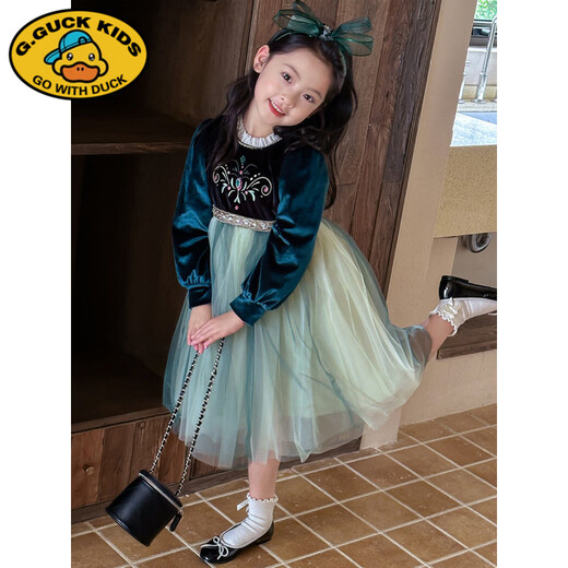 G.duck Frozen Anna Princess Dress Autumn Girls Velvet Mesh Dress Little Girl Birthday Dress Trendy Peacock Green Plus Velvet Style 120 cm