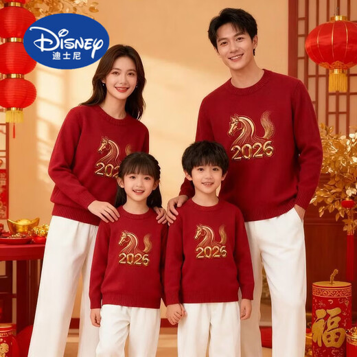 Disney's 2026 new autumn and winter new year New Year's Horse red parent-child clothing for a family of three, mother and daughter, round neck thickened warm sweater sweater 165 S size (recommended 80-100Jin Jin is equal to about 0.5 kg)