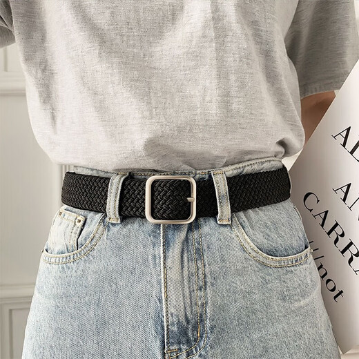 Feiyuega canvas belt men's lazy elastic woven belt men's and women's casual outdoor student jeans military training all-match belt black thin 105*2.5cm square buckle
