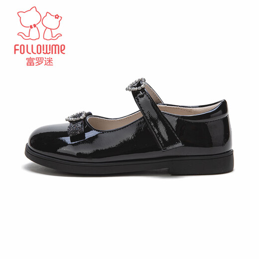 Fuluo Mi Girls Leather Shoes Spring and Autumn Sweet and Style Princess Shoes Little Girls Soft Sole Breathable Square Mouth Single Shoes Shadow Black 37