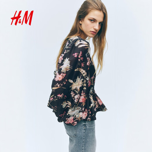 H&M2026 Spring New Women's Linen Blended Skirt Hem Top 1321285 Black/Floral XS 155/80