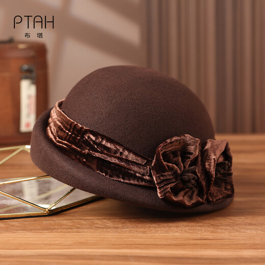 PTAH autumn and winter woolen hat small top hat British retro ins style woolen beret stereotyped hat temperament retro hat coffee color