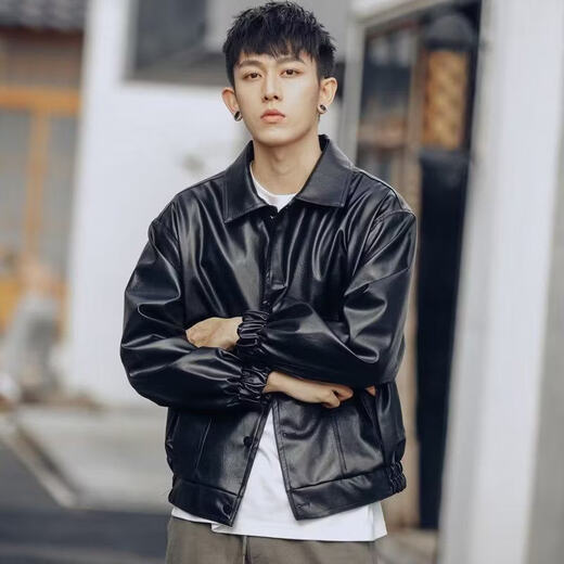 Korean style loose leather jacket for men, motorcycle suit, pilot leather jacket, handsome and versatile velvet thickened jacket for autumn and winter, black, small size, high quality M