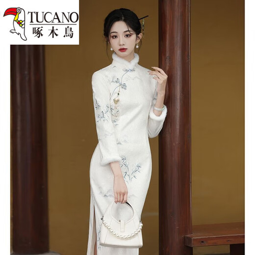 Woodpecker (TUCANO) new Chinese-style improved cheongsam new dress women's long-sleeved winter plus velvet winter long temperament women's autumn and winter style picture color S