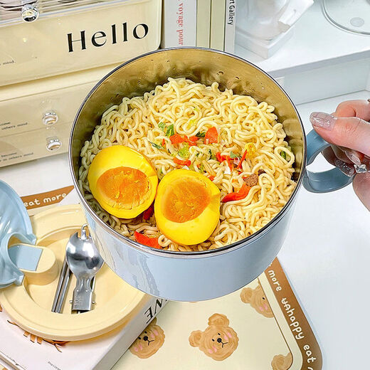 Yusenyi instant noodle bowl stainless steel large capacity dormitory students use personal tableware set with lid handle drain lunch box can soak 3 packs of noodles 1600M milk blue instant noodle bowl + portable tableware set
