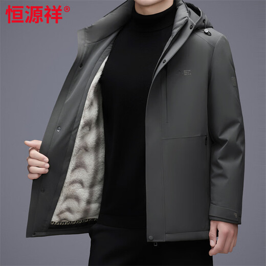 Hengyuanxiang plus down jacket men's winter short mink velvet thickened mature and stable business casual warm jacket gray green 3XL 190