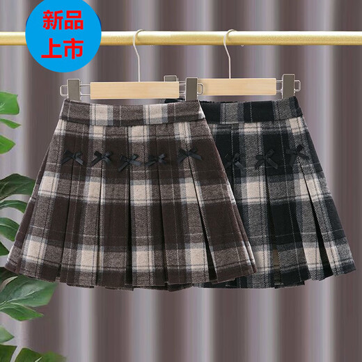 G.duck Girls Skirt Pleated Skirt Autumn and Winter 2025 New Children's Style Versatile Plaid Skirt Girls Skirt Autumn Horizontal Butterfly Woolen Skirt - Black and Gray Plaid 120
