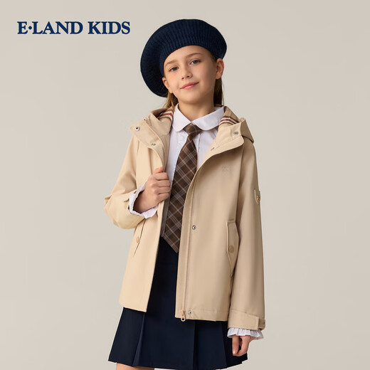 E LAND KIDS children's clothing girls jacket 2026 spring new embroidered outdoor casual hooded jacket Beige beige/35 130