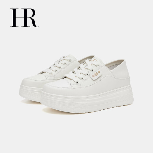 HR Helena women's shoes 2025 winter new thick sole heightening casual white shoes round toe laces comfortable and versatile white 35