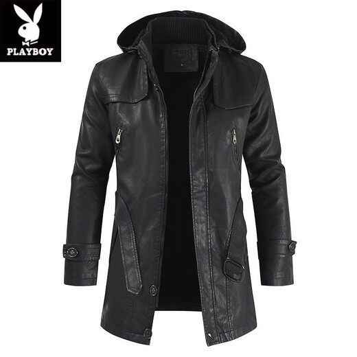 Playboy (PLAYBOY) high-end mid-length men's leather jacket Korean style new youth large size hooded PU leather windbreaker men's jacket brown XL