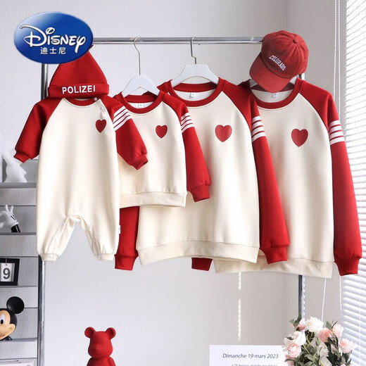 Disney (Disney) red New Year parent-child clothing for small month-old babies 2025 new autumn and winter family of three, four, mother and child, mother and daughter, whole family, love, spring and autumn style 100 Adult M size 100-120Jin Jin is equal to 0.5 kg