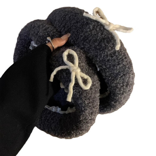 Lamb Wool Bow Lace Gray Beret Women's 2024 Autumn and Winter Warm and Showy Little Painter Hat Versatile Hat Gray M (56-58cm