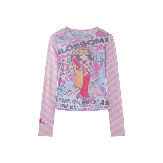 BJHG Powerpuff Girls co-branded reckless retro cartoon y2k long-sleeved T-shirt women's spring slim top Huahua-Pink L 130-160Jin Jin equals 0.5 kg
