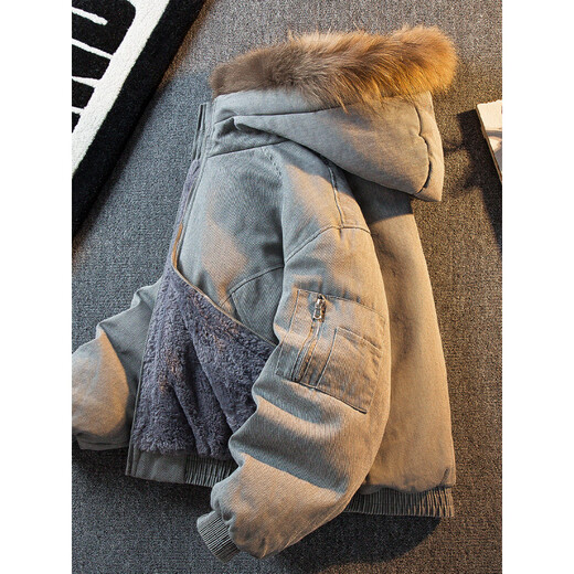 花花公子重磅帆布水洗牛仔夹克男款冬季羽绒服加绒加厚座山雕外套 黑色 可拆卸毛领 S (90-110斤)