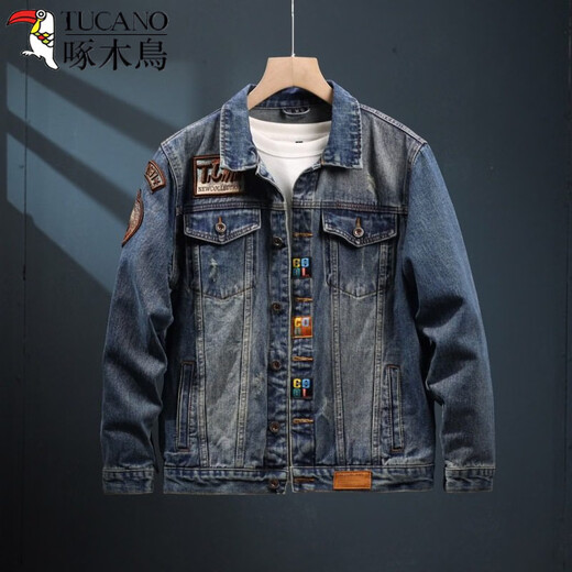 Дятел (TUCANO) Американская джинсовая куртка с маркировкой в ​​стиле ретро, ​​мужская корейская тонкая модная марка европейского и американского уличного ночного клуба, велосипедная мотоциклетная куртка, черная джинсовая куртка с двойным карманом XL